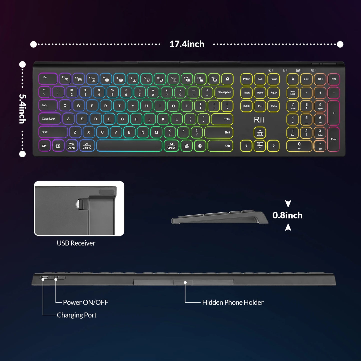 Rii RK801 Wireless Silent Keyboard with RGB Backlit