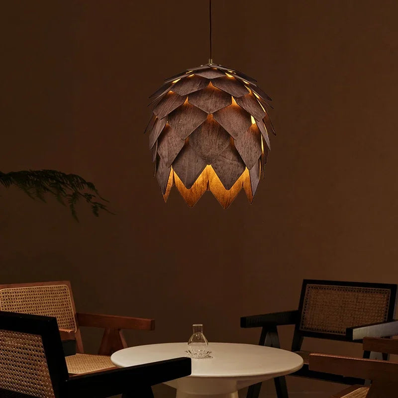 Wooden Walnut Pine Cone Chandelier