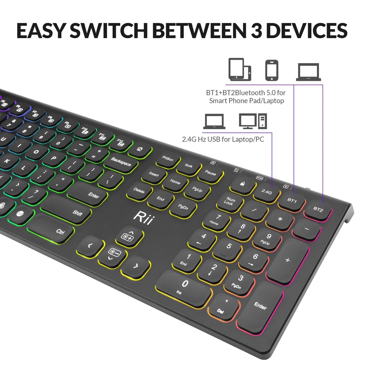 Rii RK801 Wireless Silent Keyboard with RGB Backlit