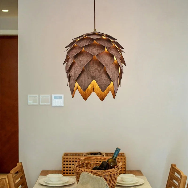 Wooden Walnut Pine Cone Chandelier