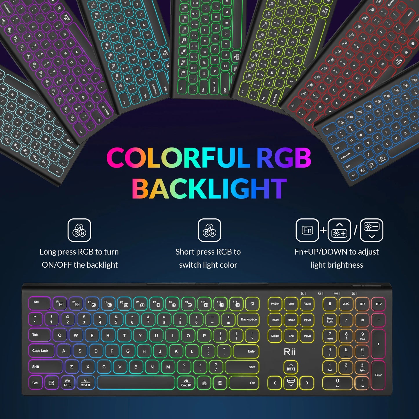 Rii RK801 Wireless Silent Keyboard with RGB Backlit